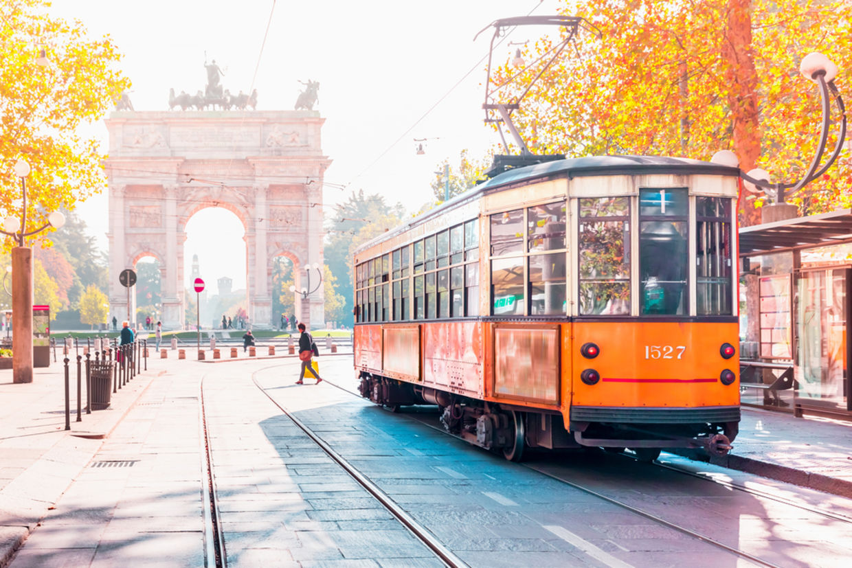 Famous vintage tram in the center of the Old Town of Milan