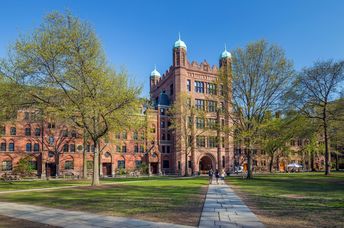 Yale university buildings in spring blue sky in New Haven, CT USA