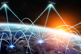 Satellites connecting to Earth from space.