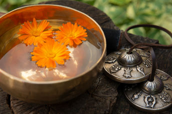 A copper singing bowl used in sound meditation.