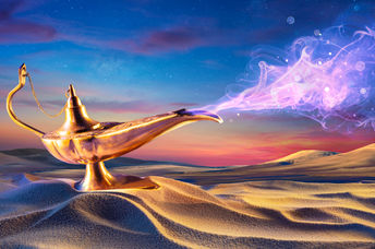 Magical genie lamp in a desert wafting an exotic oud fragrance.