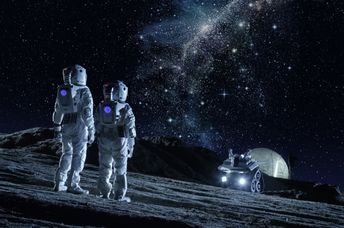 A futuristic view of astronauts on the moon. .