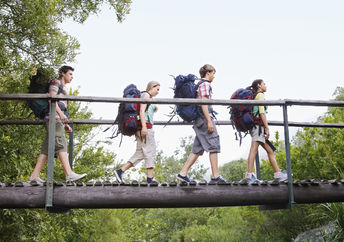 Teenagers walking on the bridge.