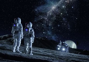 A futuristic view of astronauts on the moon. .