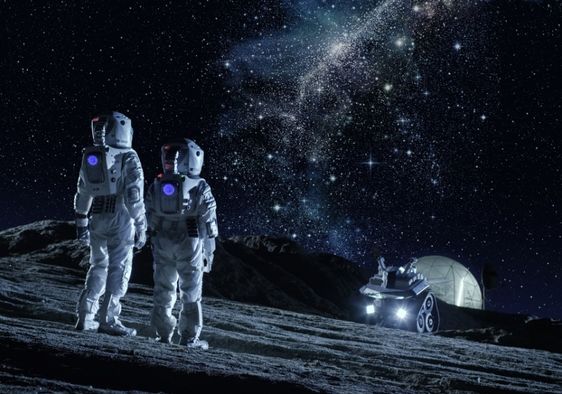 A futuristic view of astronauts on the moon. .