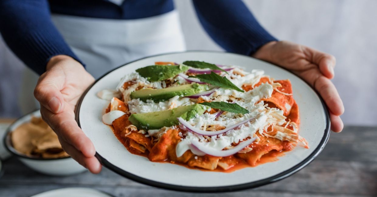 Traditional red salsa chilaquiles.