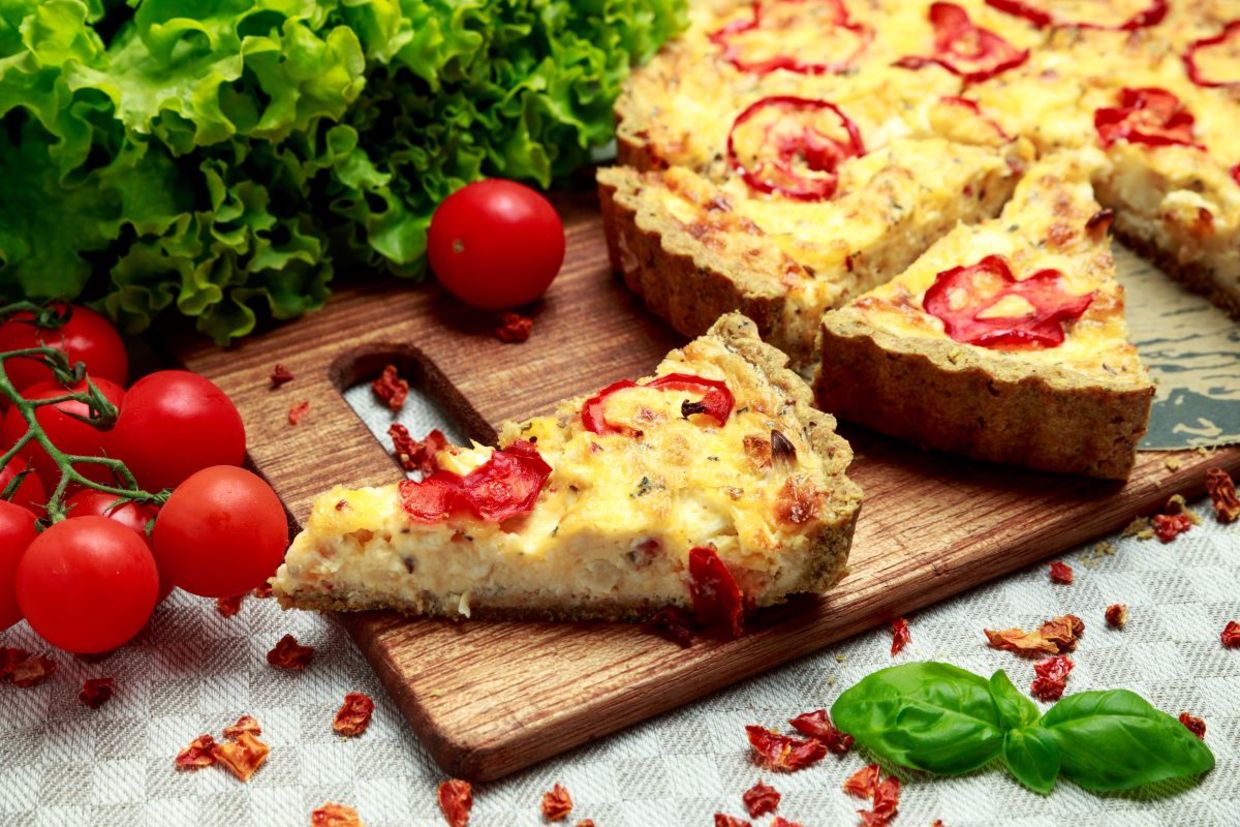 Tomato quiche can be made with or without crusts.