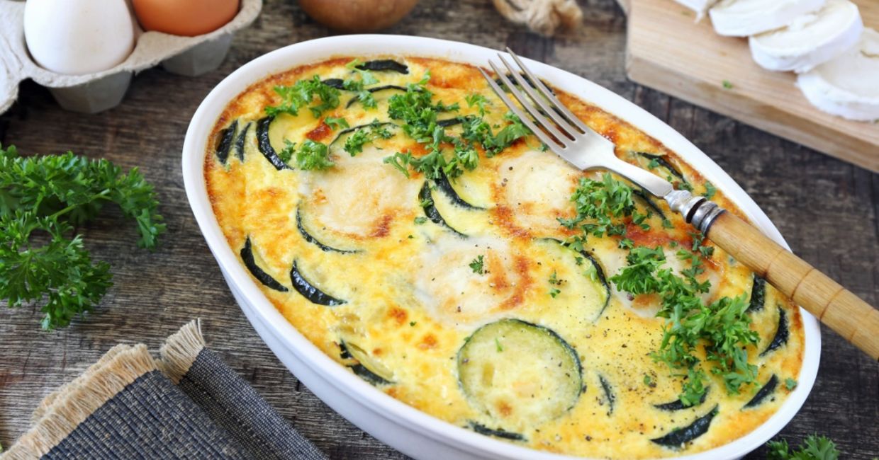 Zucchini and goat cheese casserole is a healthy dinner.