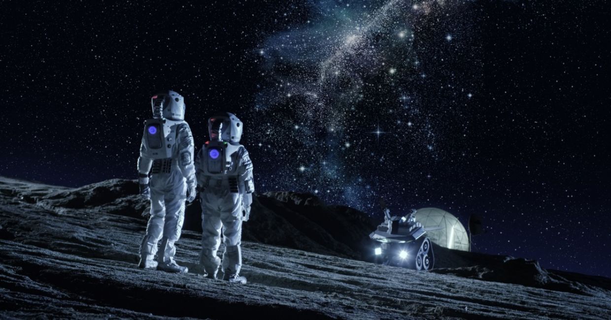 A futuristic view of astronauts on the moon. .