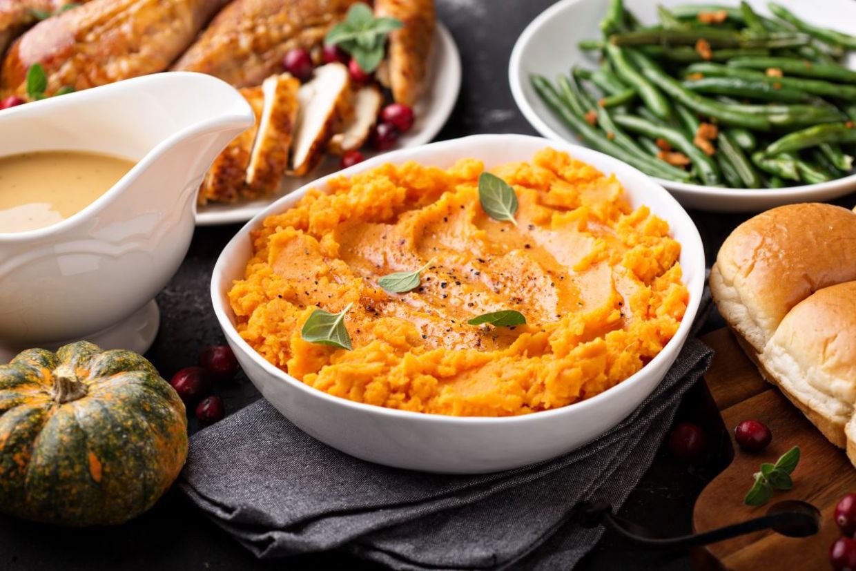 Mashed sweet potatoes are a healthy choice.