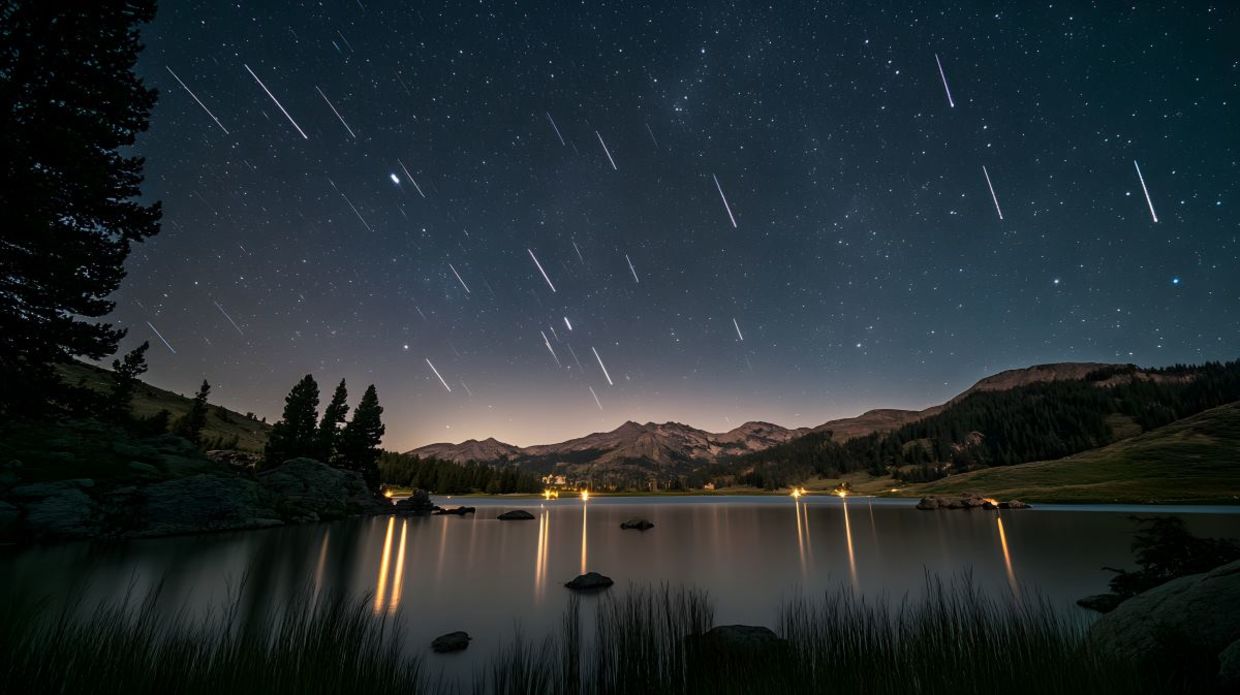 Meteor shower in the night sky.