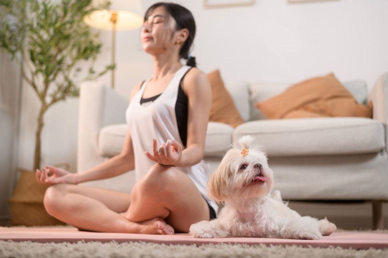 Woman meditating with her dog.