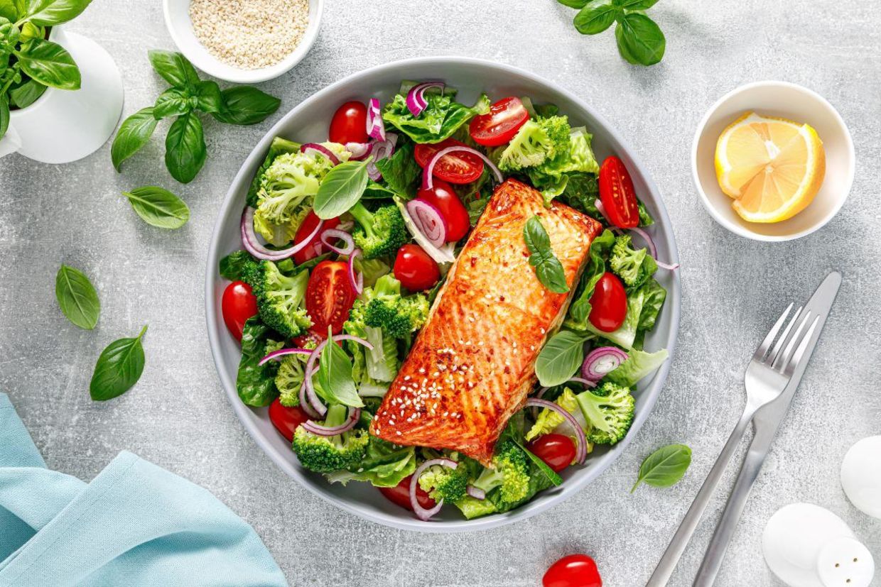 A healthy salad with salmon.